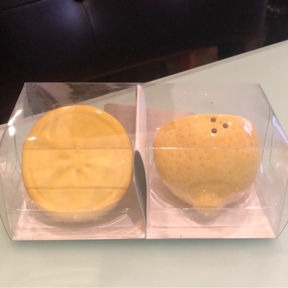 Yellow lemon salt and pepper shakers set, 2.25" L x 2" W x 2.25" H hand painted